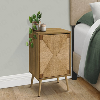 Modern Light Walnut Laminate And Seagrass Small End Table With Storage