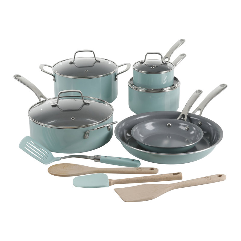 Batterie de cuisine antiadhésive en aluminium 14 pièces Martha Stewart, Bleu Martha / gris