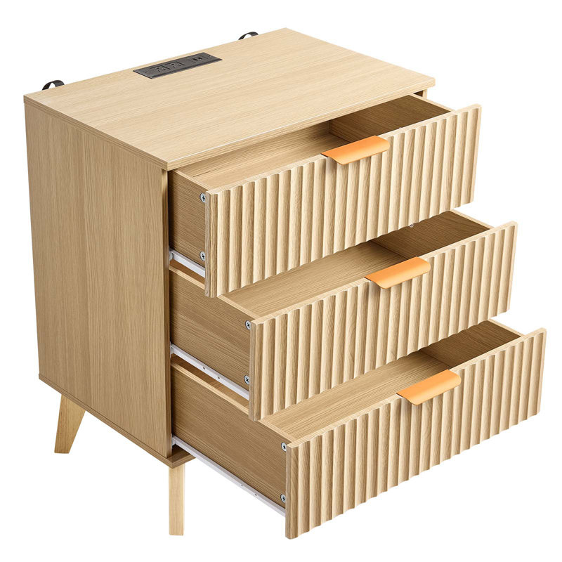 Table de chevet moderne Mid-Century avec station de charge et 3 tiroirs