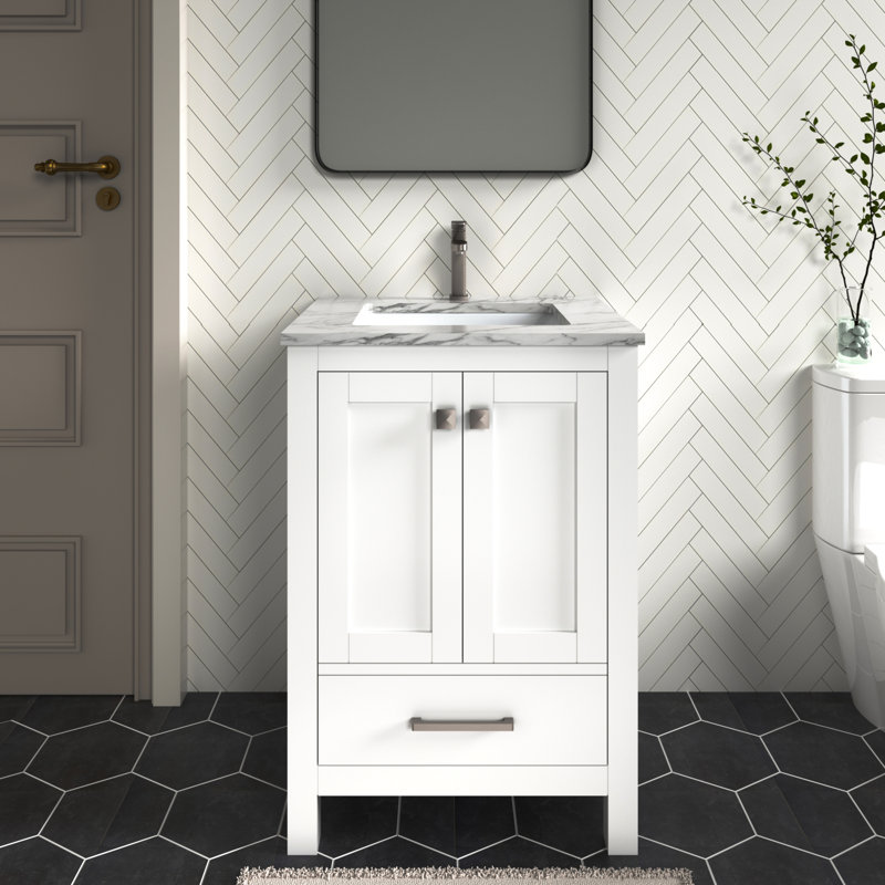 Ensemble de meuble-lavabo autoportant 24 po Amandie blanc mat avec plateau en marbre de Carrare, Blanc