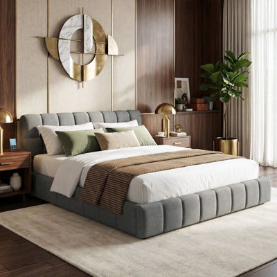 Multi-Sizes EU & UK Upholstered Bed, Modern Cloud Low-Height Bed Frame with Padded Flange Edge & Embedded Design, Beige/Grey Linen