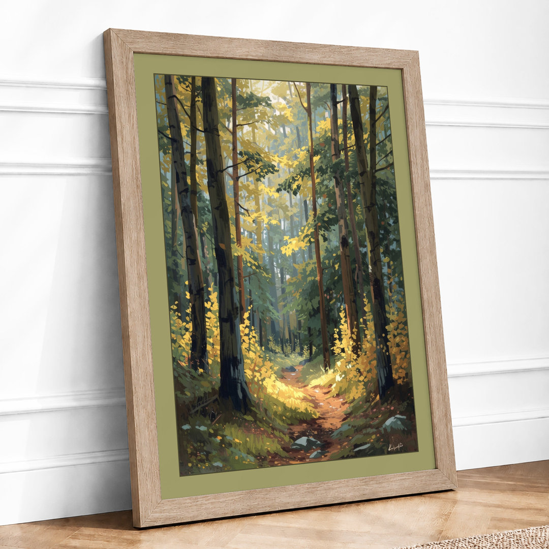 Sunlit Forest Path Scandinavian - Framed Print