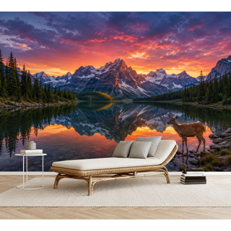 Papier peint adhésif autocollant Rocky Mountain Mule Deer Wading Lake Sunset, 69" L x 96" W