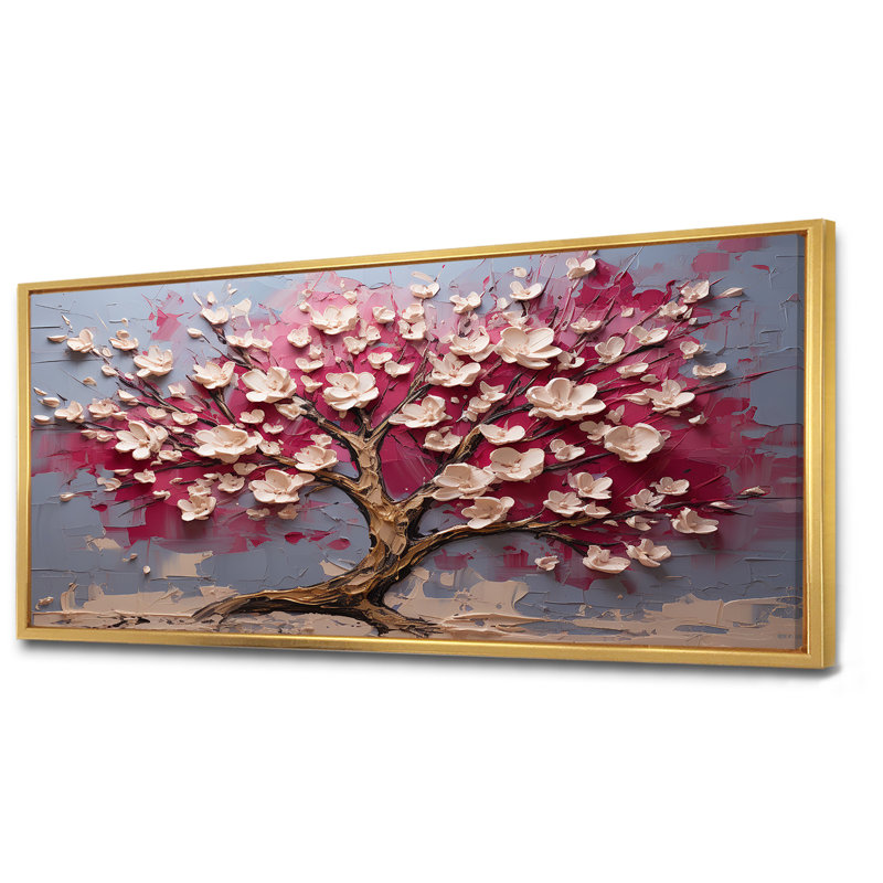 Orchidée rose et or jardin de branches V - art mural arbre, Cadre flottant doré, H 28 po x l 60 po x P 1,5 po