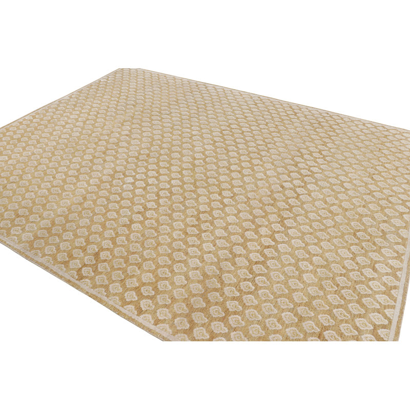 Rug & Kilim’S Modern Block Print Rug In Gold With Cream Floral Pattern, Rectangle 10' x 14'