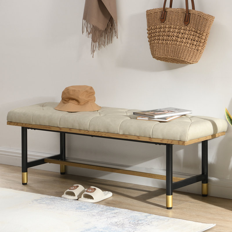 Beige Faux Leather Upholstered Bench with Gold Metal Shelf
