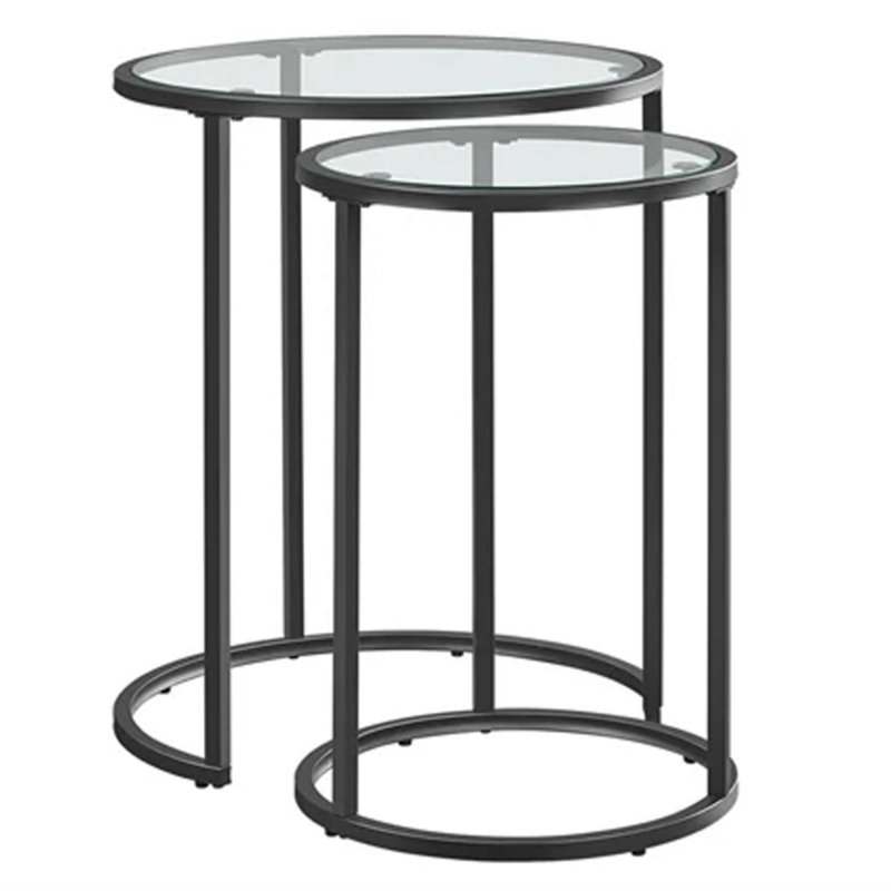 Round Metal Nesting End Table Set of 2 with Glass Top, Black