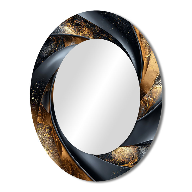 Spirales abstraites dans des tons dorés et noirs IV - Miroir mural moderne ovale, 43 po x 33 po