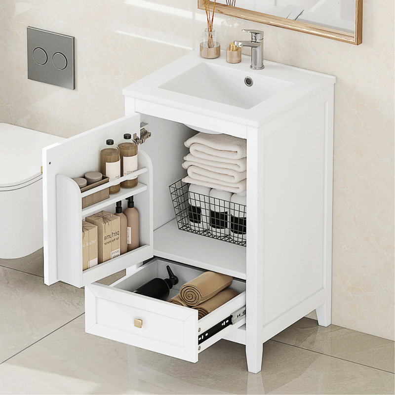Meuble-lavabo moderne avec lavabo, armoire de salle de bain avec porte à fermeture douce, support de rangement et tiroir