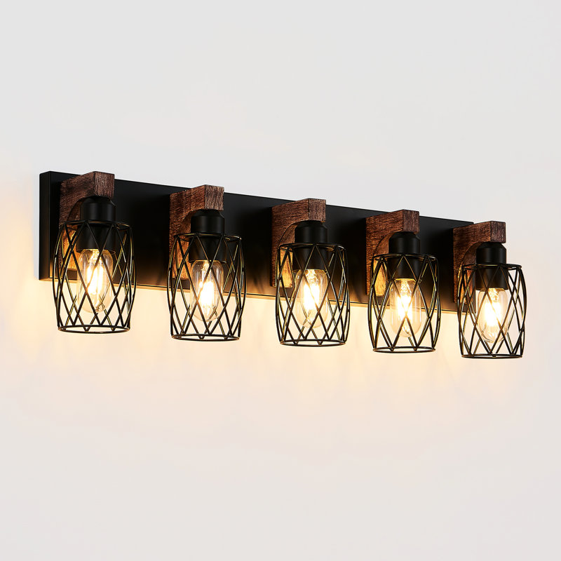 Vintage Industrial 5 - Wall Sconce 31 Inches In Size Black Cage Lighting Fixture With Wooden Elements For Bedroom, Dressing Room, Hallway, Quick Installation, Multiple Bulb Compatibility Inch And