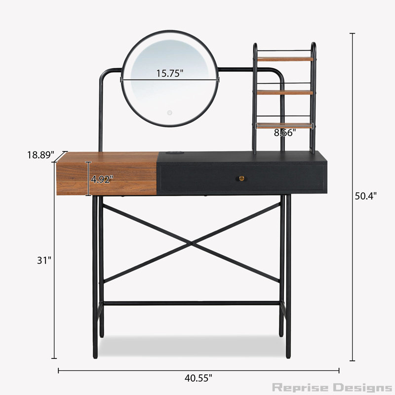40" Black MDF and Iron Makeup Vanity Desk with Lighted Mirror