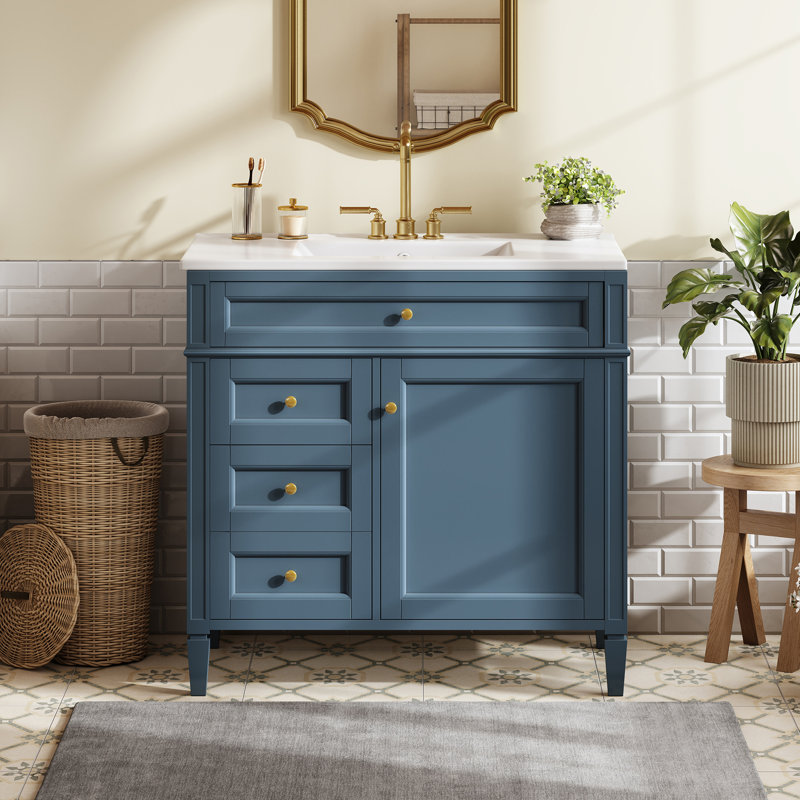 Meuble-lavabo moderne de 36 po avec lavabo en céramique, 3 tiroirs et 1 armoire de rangement, tablette réglable, organisateur de porte d'armoire, glissières de tiroir en métal lisse, poignée texturée exquise à pieds romains