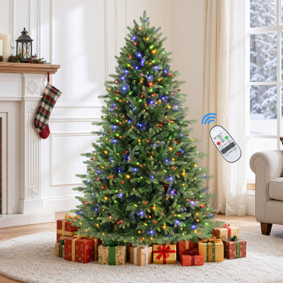 7.5 ft Prelit Artificial Hinged Fir Christmas Tree with Remote | 400 Warm White & Multi-Color Lights, Remote Control, Perfect Choice for Xmas Decoration