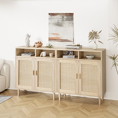 Rattan Sideboard Buffet Cabinets, Sideboard Cabinets with 2 Doors, Modern Accent Storage Console Tables, 2 pcs