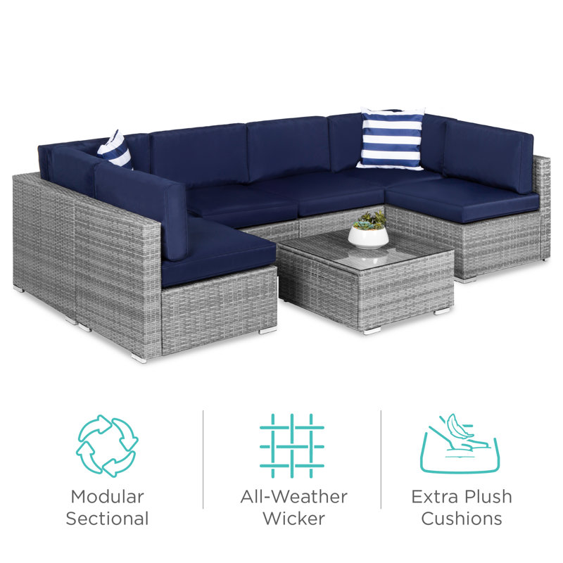 Iosif 7-Piece Outdoor Modular Patio Conversation Furniture, Wicker Sectional Set, Red, Brown