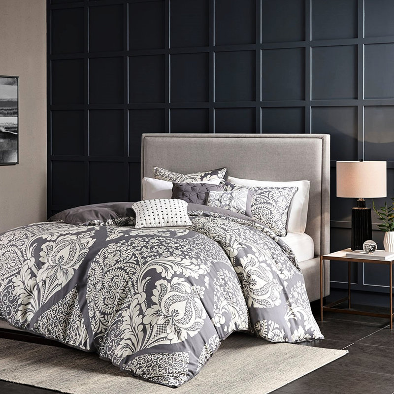 Housse de couette double / grand en coton avec détails complexes et attaches intérieures, Gris