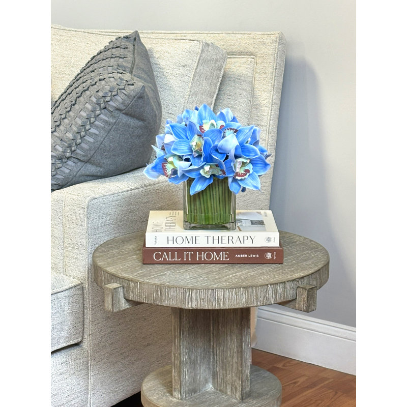 Orchid in Flat Glass Vase, Blue