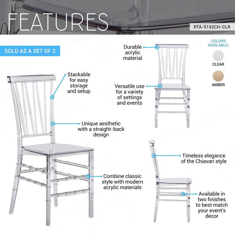 Ensemble de 2 chaises empilables en acrylique transparent de style Chiavari