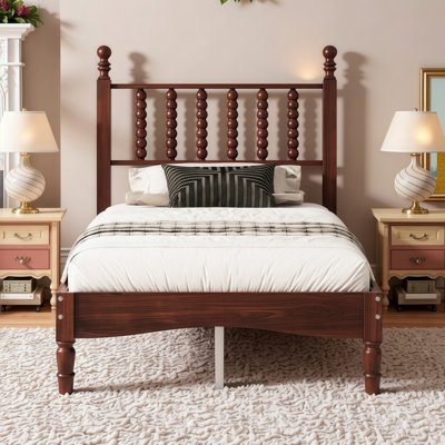 Twin Size Wood Platform Bed Frame with Gourd-Inspired Headboard, Retro Elegance & Solid Wood Slat Support, No Box Spring Needed