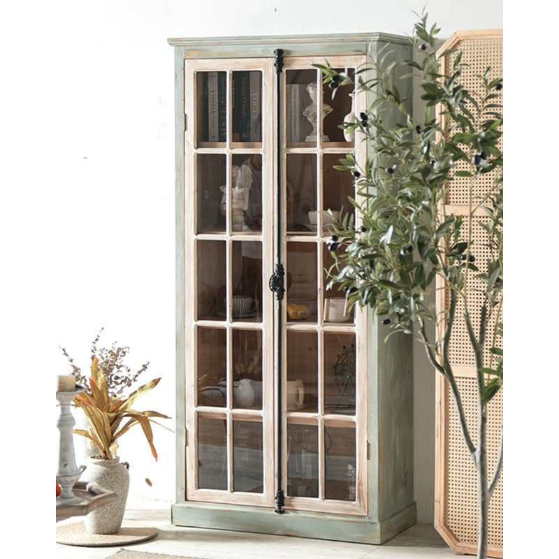 Vintage Shabby Chic Tall Glass Front Storage Cabinet