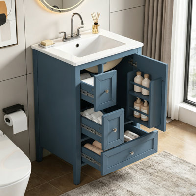 Wood Grain Bathroom Vanity with Ceramic Sink, Solid Wood Legs, Adjustable Shelf & Full Soft-Close Drawers & Door, Storage Rack, Open Back Design
