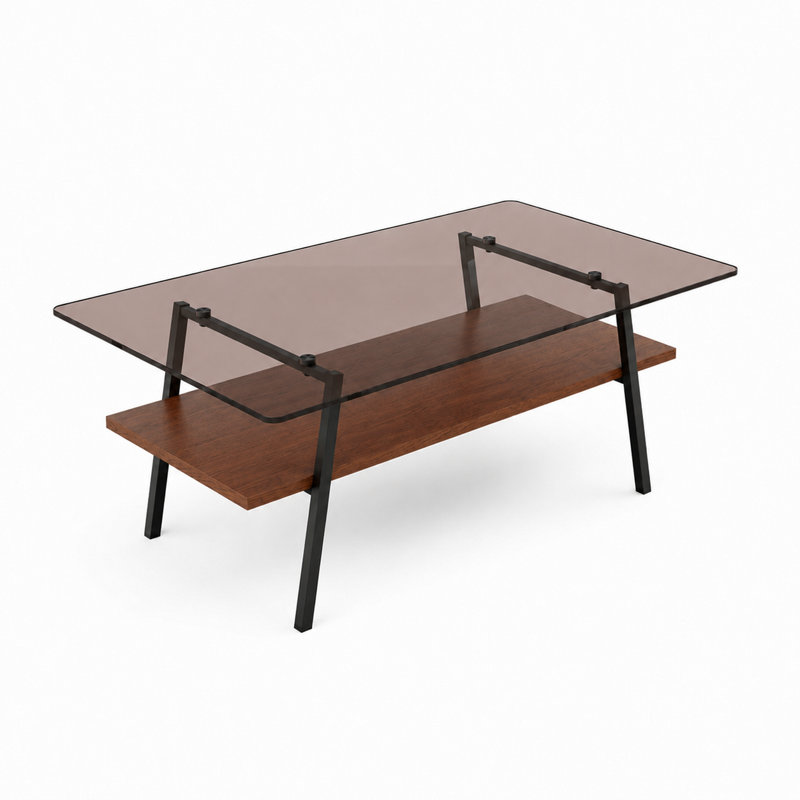 Table basse moderne en verre rectangulaire avec tablette en bois et structure en métal, table de salon moderne, Brun