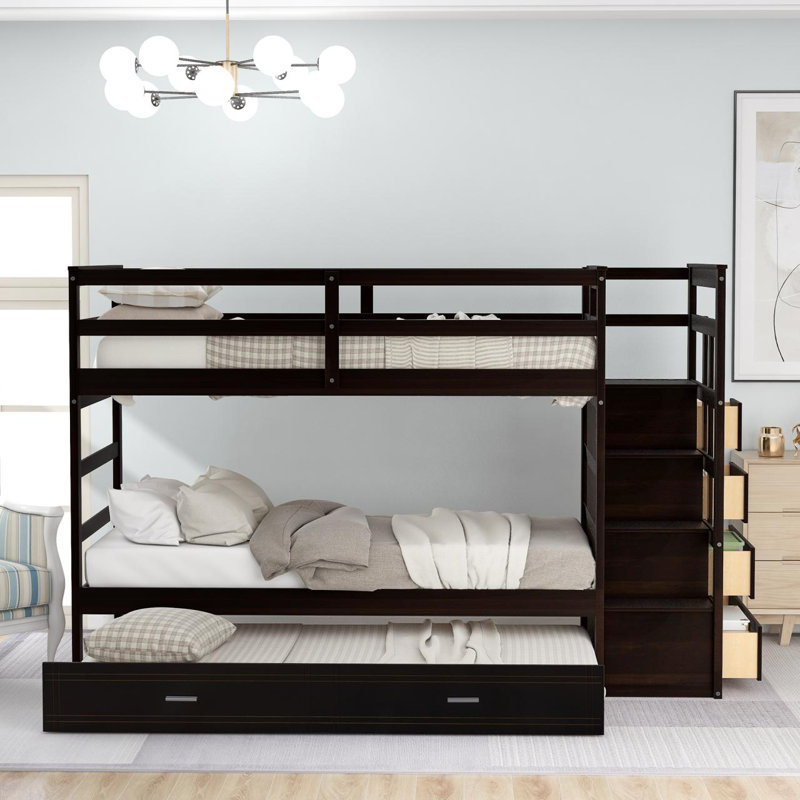 Arowyn Kids Twin Over Twin Bunk Bed with Trundle with Drawers, Espresso