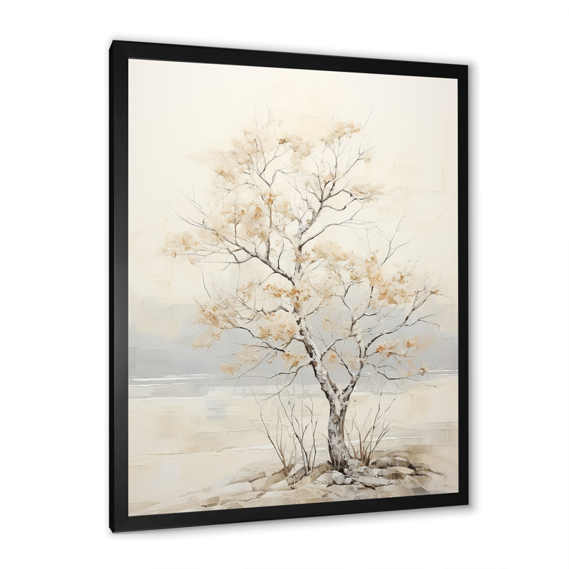 «Minimalisme», arbre d'érable beige Melody I sur toile, Cadre photo noir simple, H 20 po x l 12 po x P 1 po