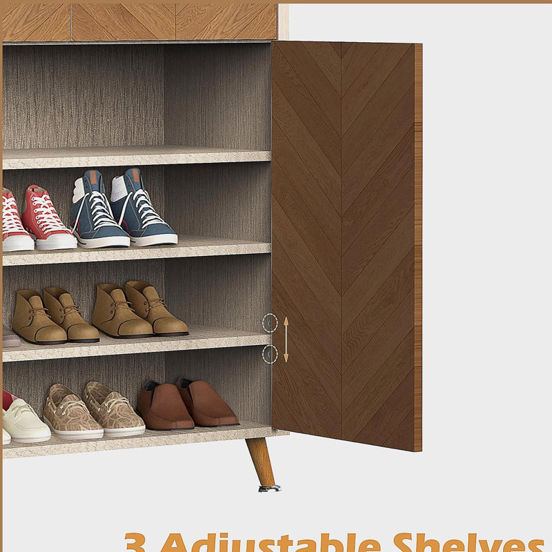 4-Tier Shoe Rack Organizer with 2 Drawer, Wooden Shoe Storage Cabinet with 2 Door & Adjustable Shelves, Oak