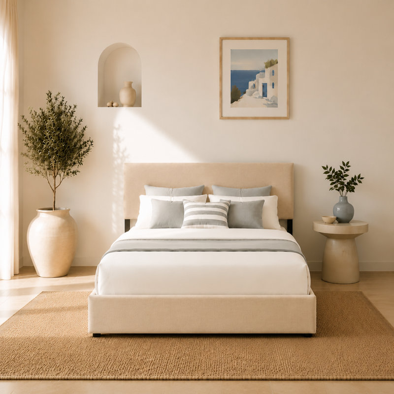 Lit rembourré avec rangement 4 tiroirs, Beige, Double