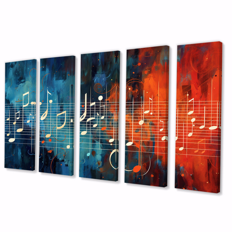 «Waves Of Music Notes In Retro And Blue II», reproduction d'art sur toile - 5 panneaux égaux
