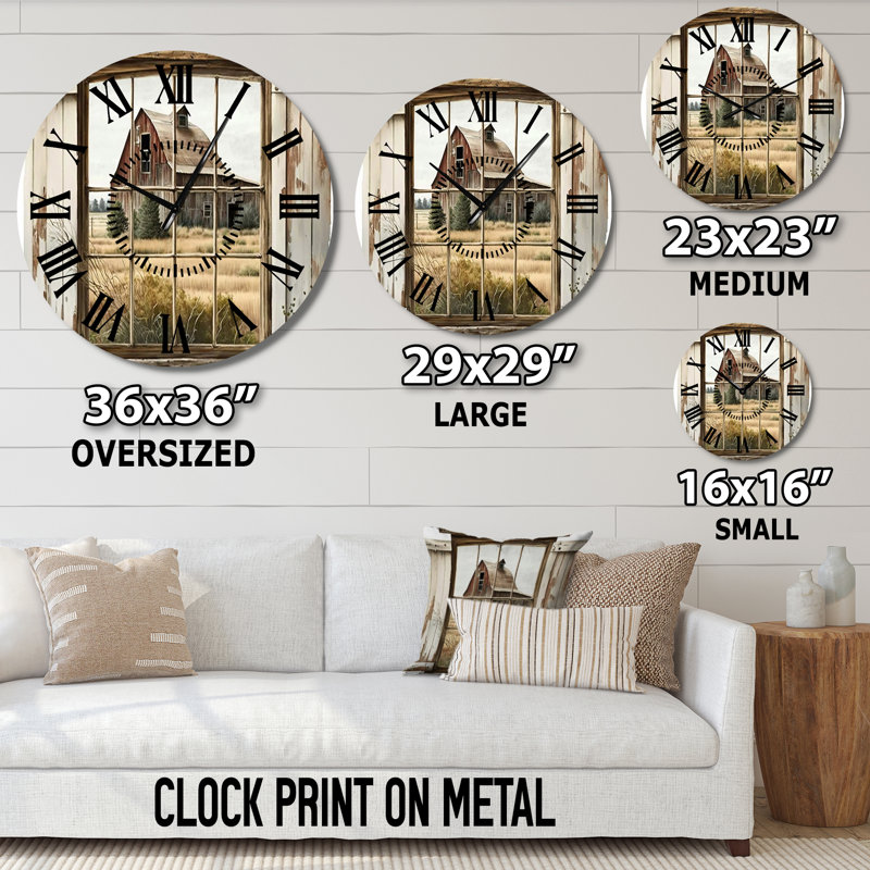 Fenêtre vue de la ferme II - Horloge murale paysage noir, Médium