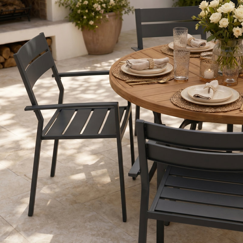 6-Person Round Patio Dining Set With Stackable Chairs, Brush Wood Brown/Black