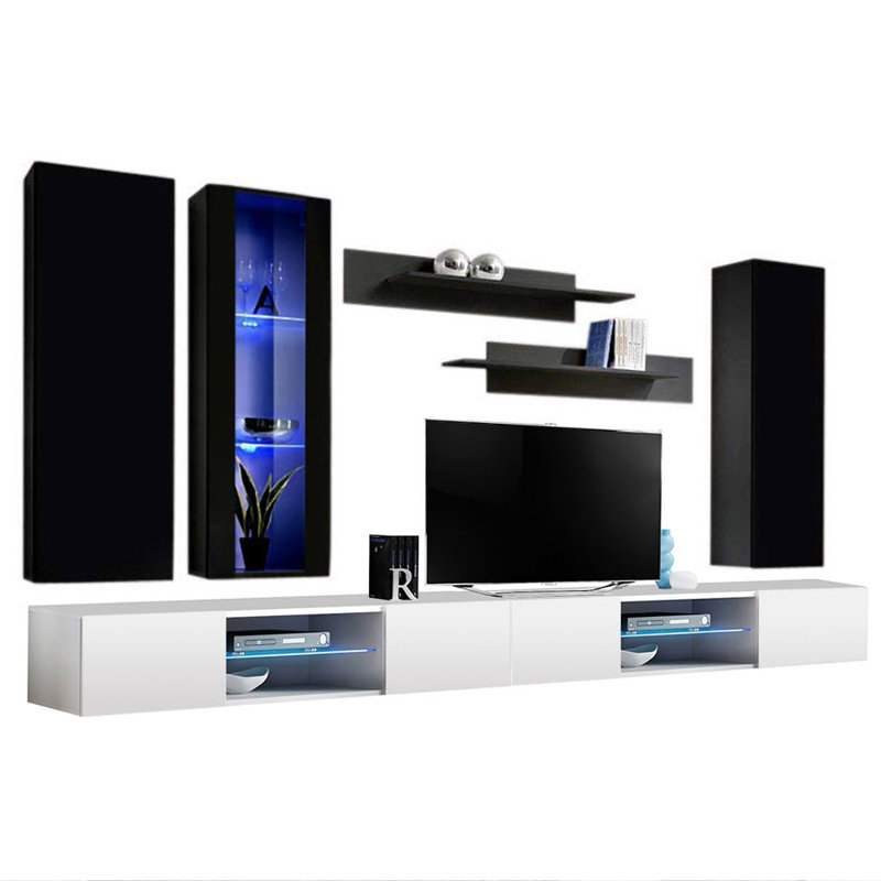 126" Modern Floating Wall Mounted Entertainment Center with 16-Color LED Lighting, High Gloss Finish, Black/White