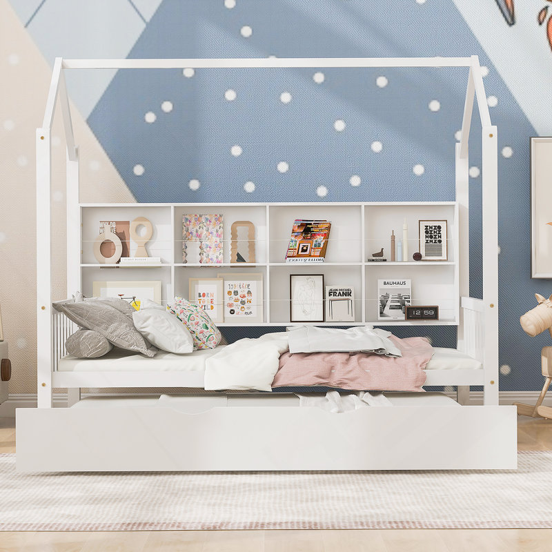 Lit simple en bois avec lit gigogne et tablette, idéal pour dormir, jouer et ranger les enfants, Lit simple
