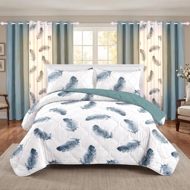 9-Piece White & Teal Feather California King Quilted Bedspread Set with Matching Light-Filtering Curtains, CAL KING