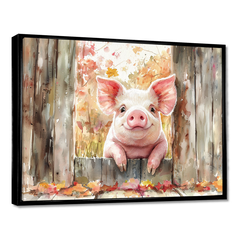 Portrait de cochon à la grange - décoration murale cochon, H 24 po x l 32 po, Cadre flottant noir
