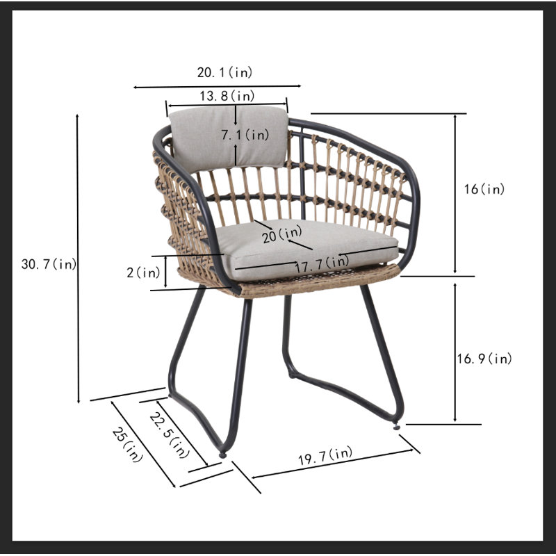 Ensemble 3 pièces de chaise bistro en rotin avec table et coussin