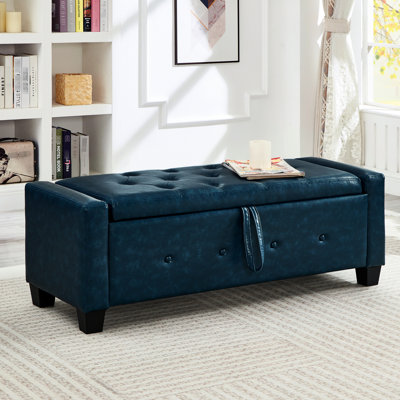 Banc rembourré 48 po en bleu, similicuir avec rangement, pour chambre à coucher, salon, couloir - facile à nettoyer, unité centrale remplie de mousse, rangement rapide