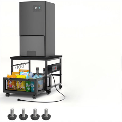 Mini support de réfrigérateur avec rangement et roulettes, mini table de réfrigérateur robuste avec prises de courant pour réfrigérateur 220 lb, chariot de réfrigérateur à roulettes avec tiroir de grande capacité