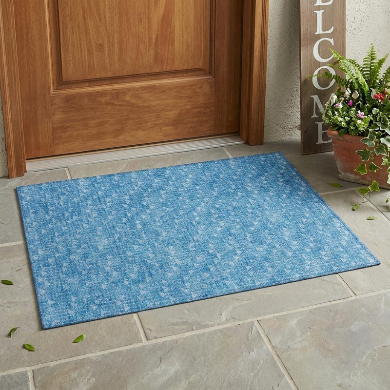 Tapis extérieur géométrique lavable antidérapant bleu 2 pi x 3 pi