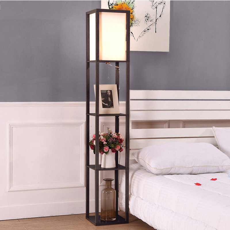 Maxwell 63 in. Traditional LED 3-Shelf Floor Lamp with Fabric Square Shade, Black