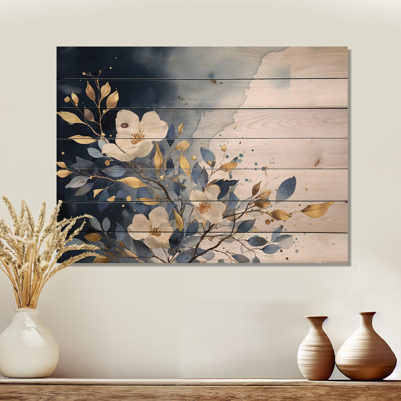 Lilas blanc et bleu sur fond de bois, H 30 po x l 40 po x P 0,78 po