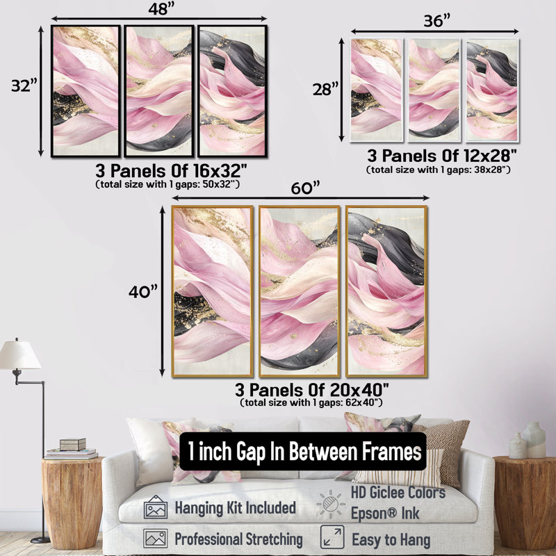 Ensemble de salon art mural abstrait rose et blanc captivant II, Toile avec cadre flottant noir, H 32 po x l 48 po x P 1 po