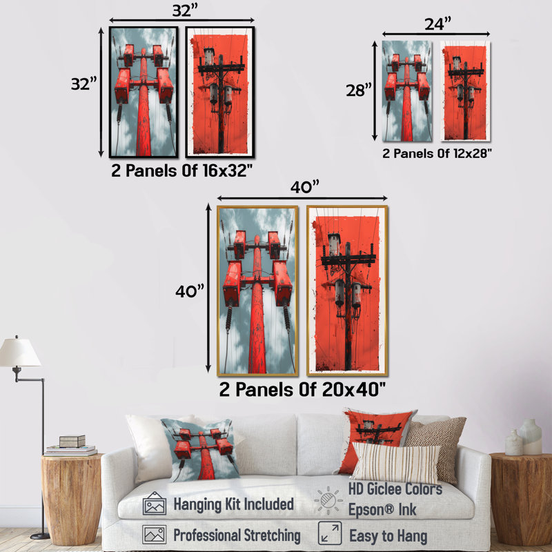 Rouge, noir, urbain, lignes électriques I - ensemble de 2 pièces d'art mural, H 28 po x l 24 po, Toile tendue sur cadre