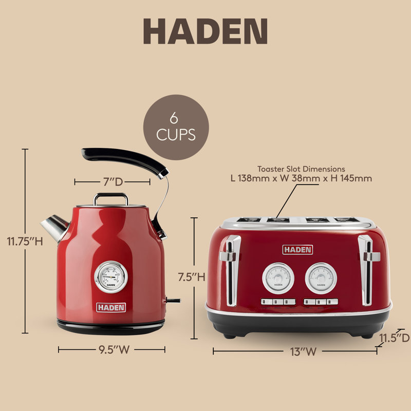 HADEN Dorset Bundle with 4-Slice Toaster and Electric Kettle, Red