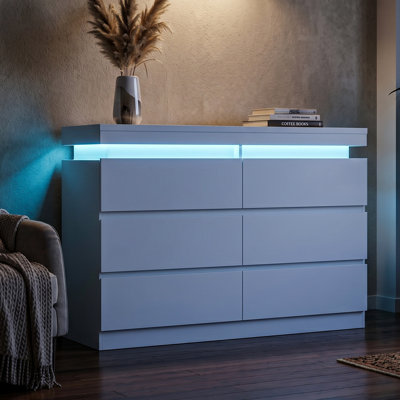 Modern Minimalist 6 Drawer Dresser with Built-in LED Light Wide Chest of Drawers for Bedroom