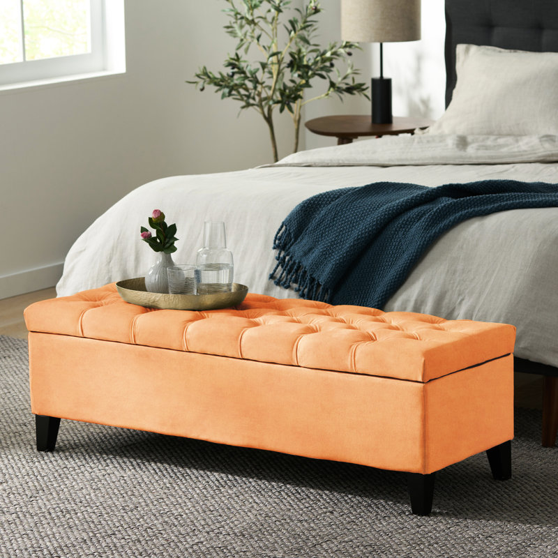 Velours orange à la mode avec coutures élégantes - Bouton, point de diamant, l 51,00 po x P 17,17 po H 16,91 po, base en bois, charnières, H 16,91 po