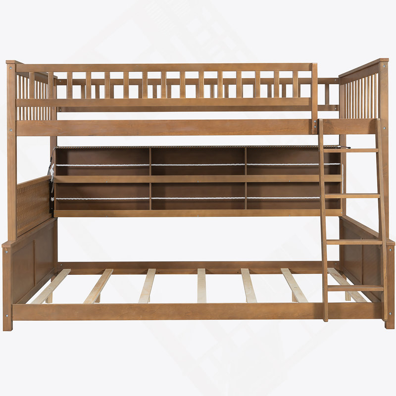 Lit superposé double au-dessus de grand lit double avec rangement intégré et éclairage personnalisable, Brown