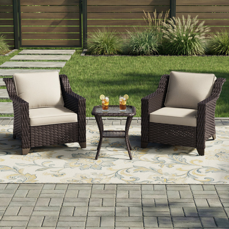 3-Piece Outdoor Rattan Wicker Conversation Set, Patio Furniture with 2 Armchairs, Removable Cushions & Tempered Glass Side Table, Weather-Resistant Garden Seating for Backyard, Porch, and Poolside